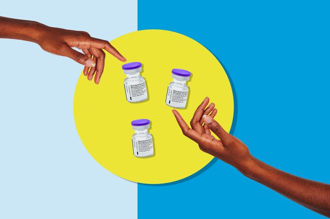 An image of a women's hands reaching for a vaccine vial on a colorful background.