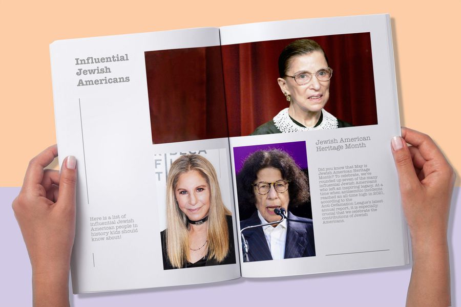 Child holding a book with Influential Jewish American people: former justice Ruth Bader Ginsburg, Barbra Steisand, and Fran Lebowitz