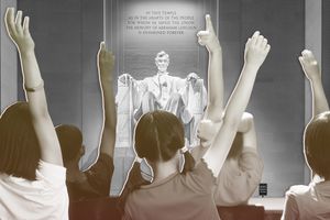 Rear view of class raising hands with statue of Abraham Lincoln in background