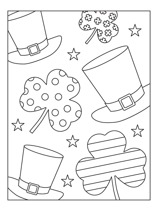 St. Patrick's Day Coloring Page with Shamrocks, Top Hats, and Stars