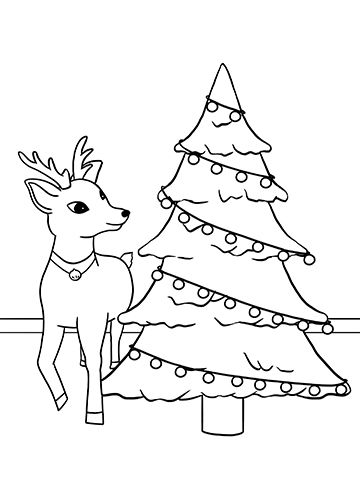 Reindeer and Christmas Tree Coloring Page