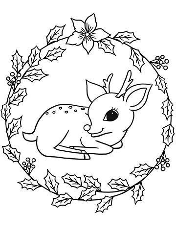 Reindeer and Holly Wreath Coloring Page