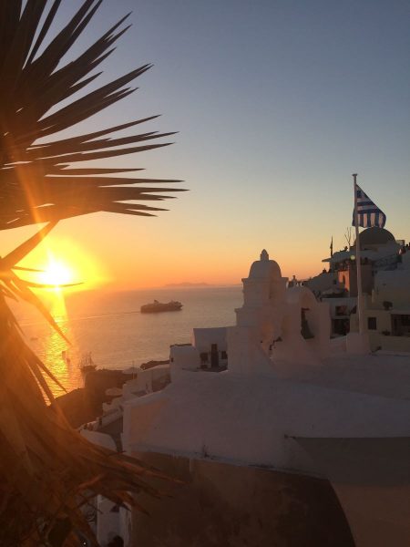 White buildings, in the sunset.