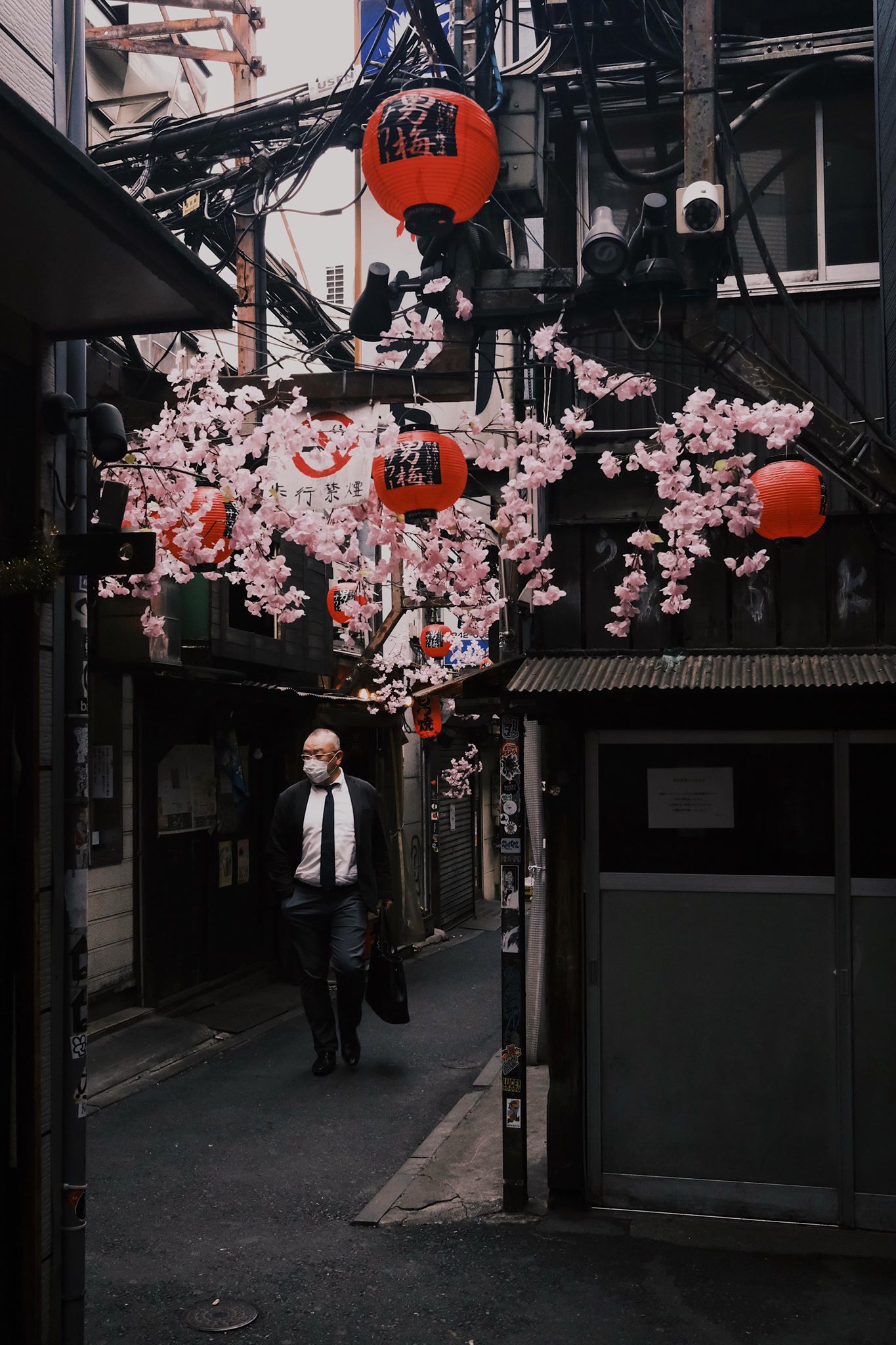 Shinjuku district in Tokyo - lanterns and blossoms hanging overhead as a man in a suit walks down a narrow street