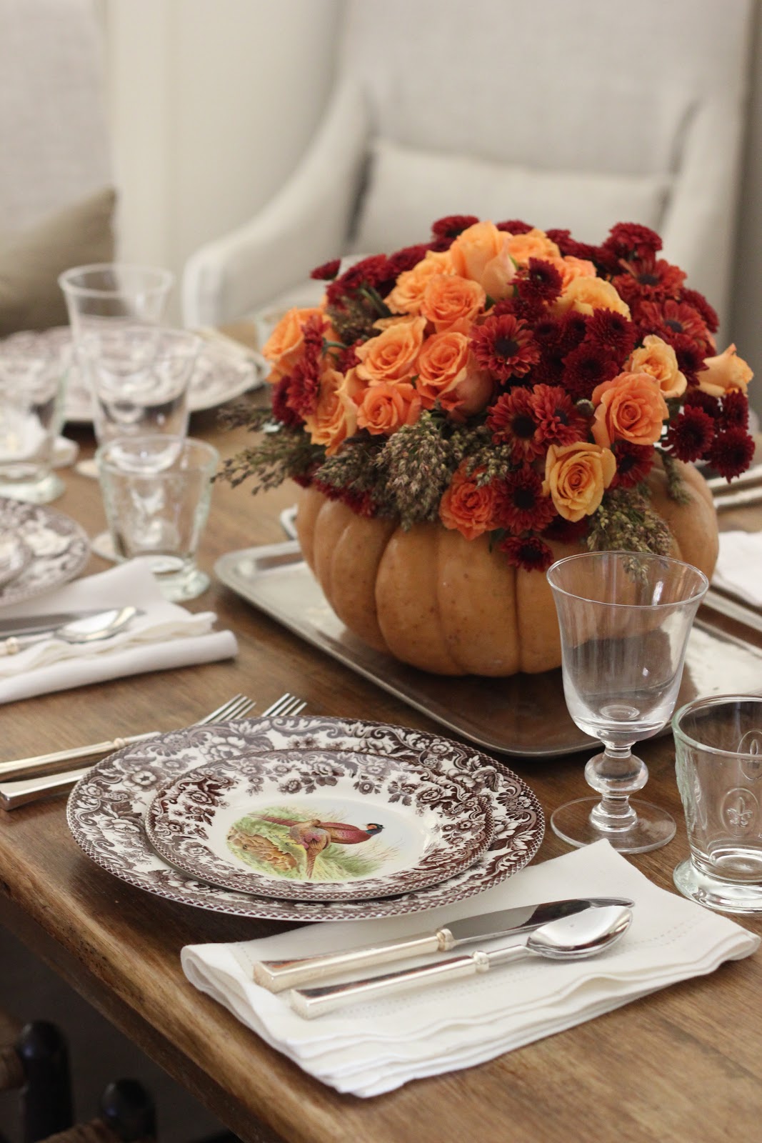 Roses, Mums and Broom Cob in a Pumpkin Vase