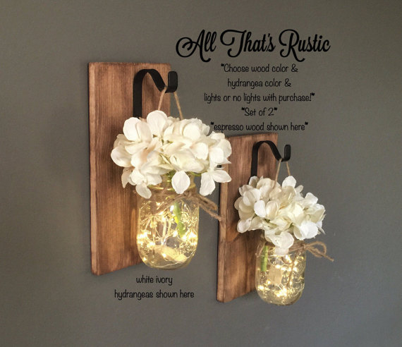 Hanging Mason Jar Sconces with Hydrangeas