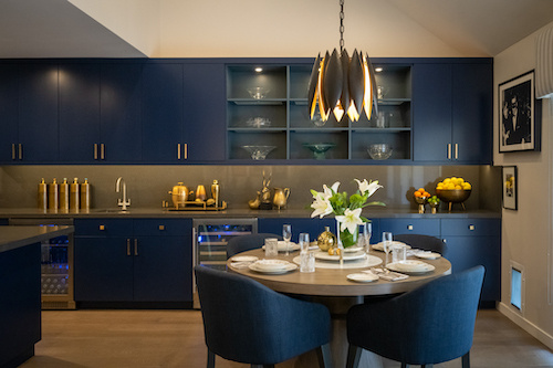 Layered lighting in dining room.