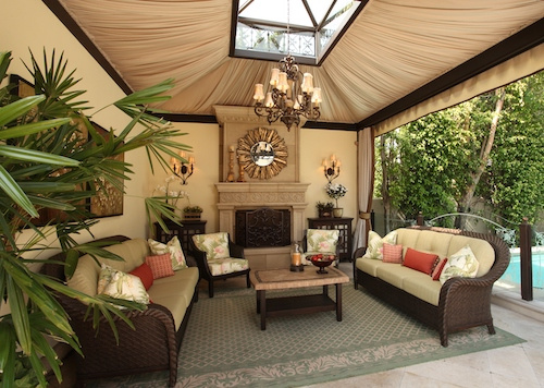 Outdoor patio seating area with lighting and skylight