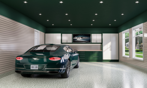 Green, white and gray Bentley-themed garage