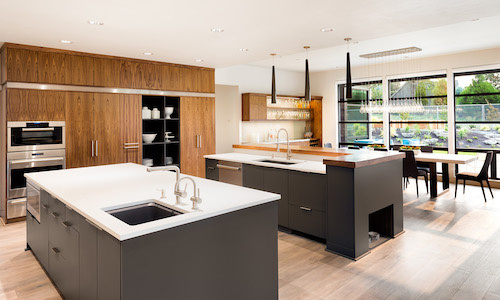 A kitchen with two islands