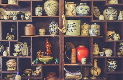 Wall shelves filled with clutter